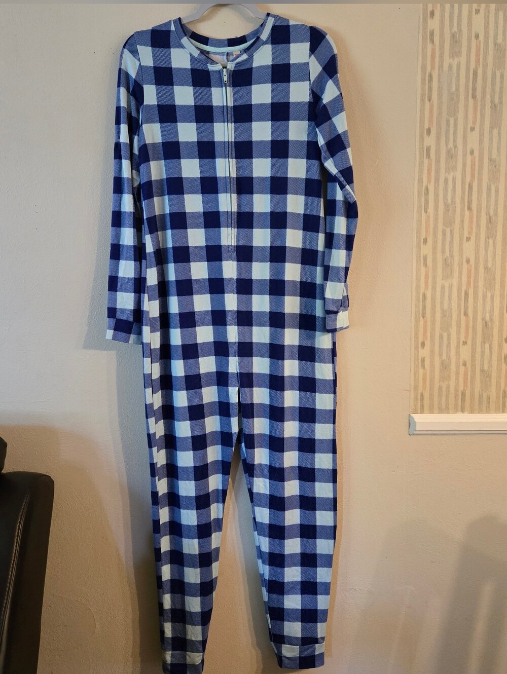 SO Blue Buffalo Check Zip-Front Womens Pajama One-Piece